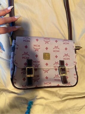 MCM Pink Logo Canvas Crossbody with Brown Leather Trim and Gold Hardware